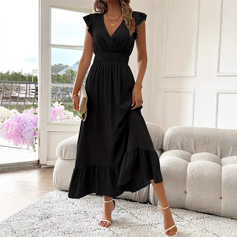 📢50 % RABATT!!!⏰Maxikleid mit V-Ausschnitt, Rüschen und tailliertem Schnitt
