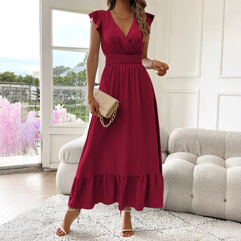📢50 % RABATT!!!⏰Maxikleid mit V-Ausschnitt, Rüschen und tailliertem Schnitt