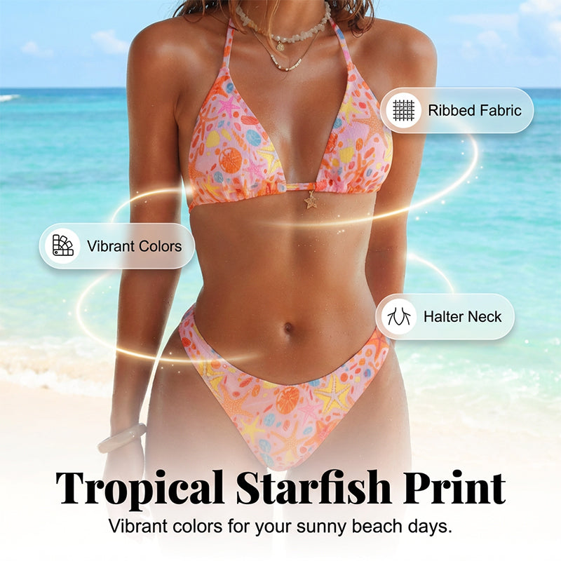 🔥 HEISSER SALE – 50 % RABATT 👙 Bikini-Set mit Seestern-Print und gerippter Struktur