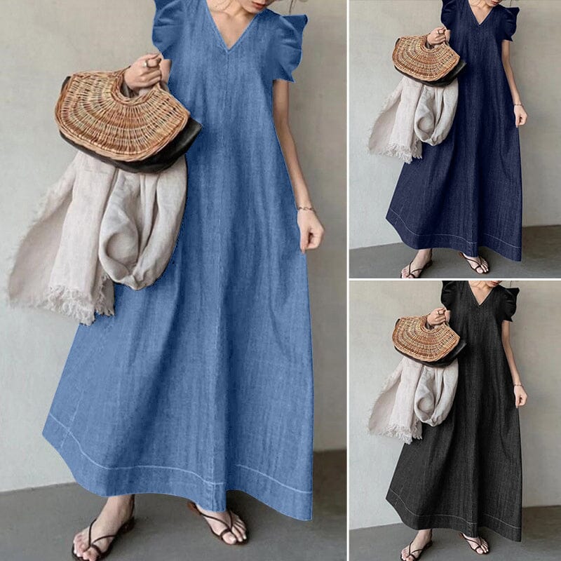 Langes Jeanskleid mit V-Ausschnitt 👗
