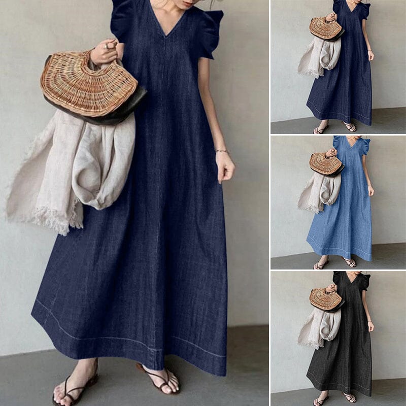 Langes Jeanskleid mit V-Ausschnitt 👗