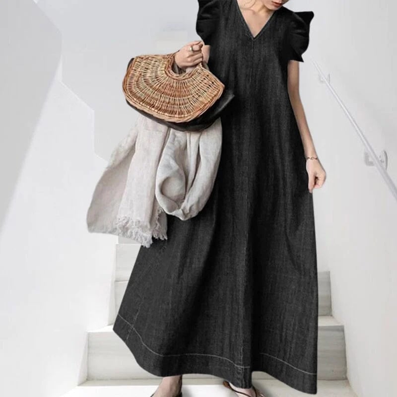 Langes Jeanskleid mit V-Ausschnitt 👗