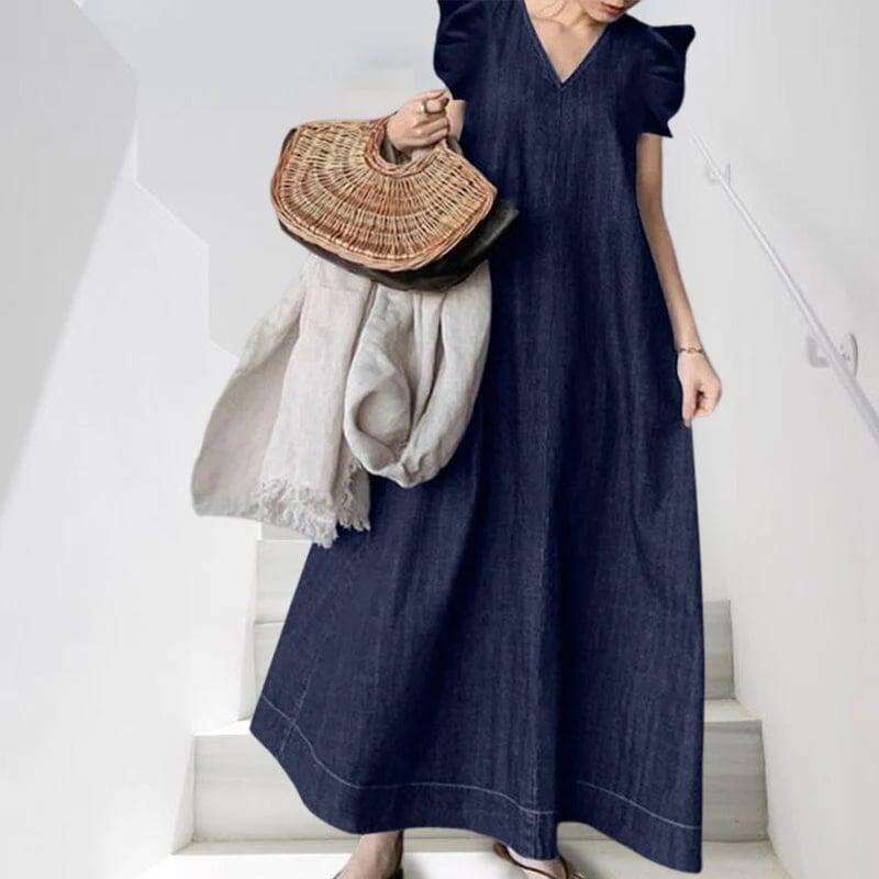 Langes Jeanskleid mit V-Ausschnitt 👗