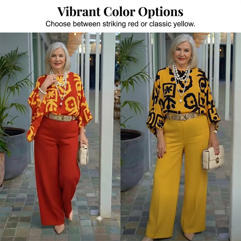 Set aus Retro-Oberteil mit Grafikprint und Hose mit weitem Bein für Damen