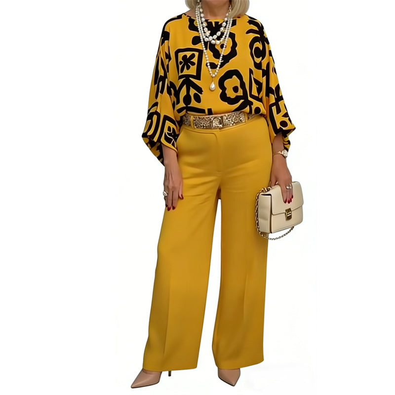 Set aus Retro-Oberteil mit Grafikprint und Hose mit weitem Bein für Damen