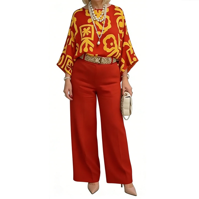 Set aus Retro-Oberteil mit Grafikprint und Hose mit weitem Bein für Damen