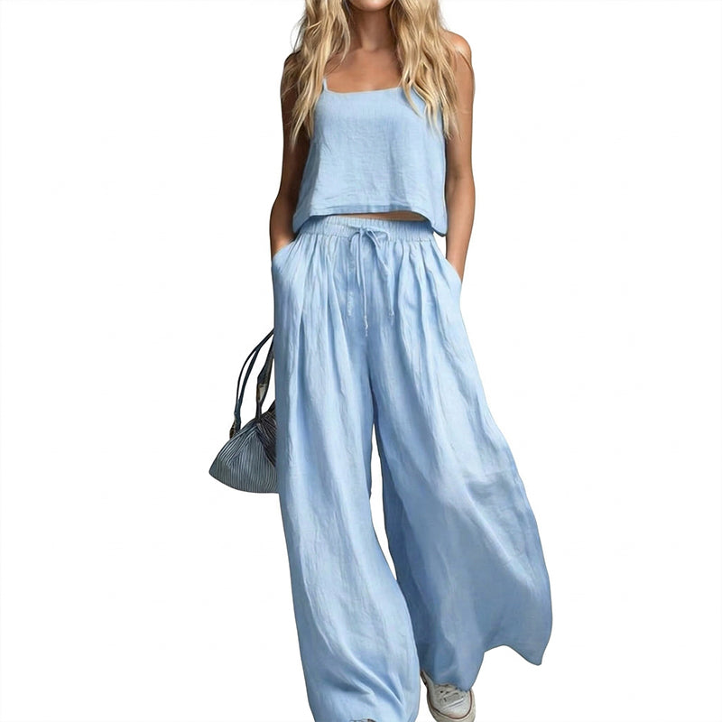 👗 Damen Crop Top & Wide-Leg Hose 2-teiliges Set