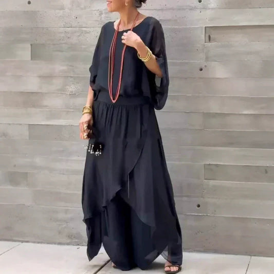 💋LETZTER TAG SALE 50% RABATT💃Lockeres Oberteil & Schlitz-Weitbein-Hose Chiffon-2-teiliges Set