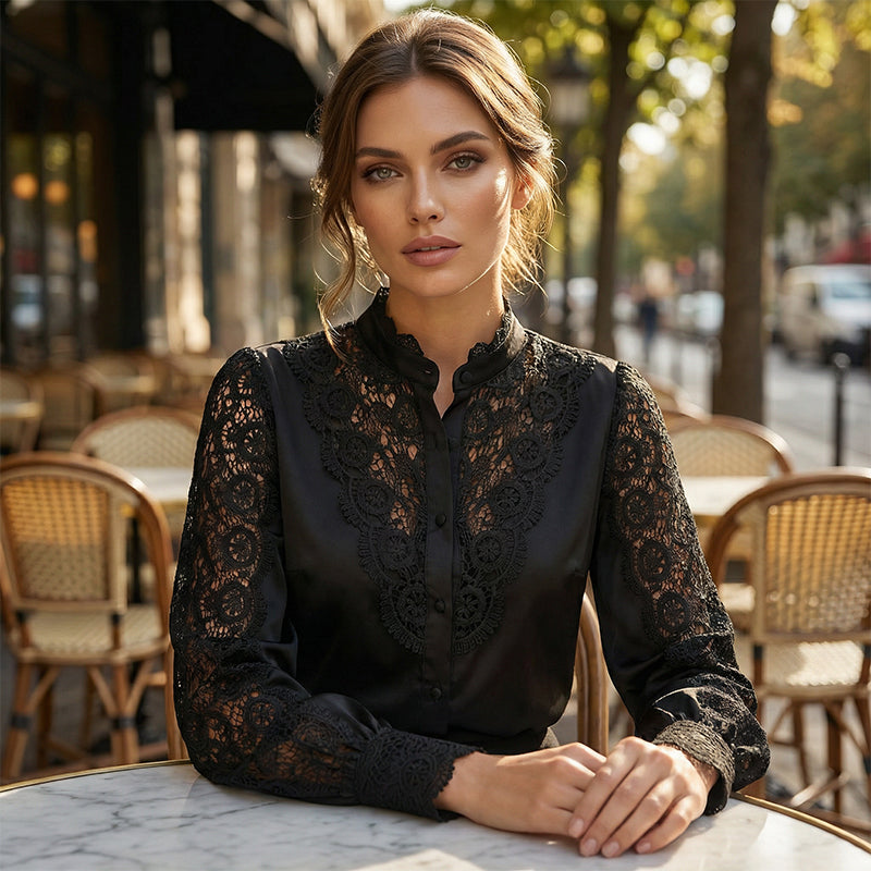 Damen-Bluse mit durchbrochener Spitze und langen Ärmeln