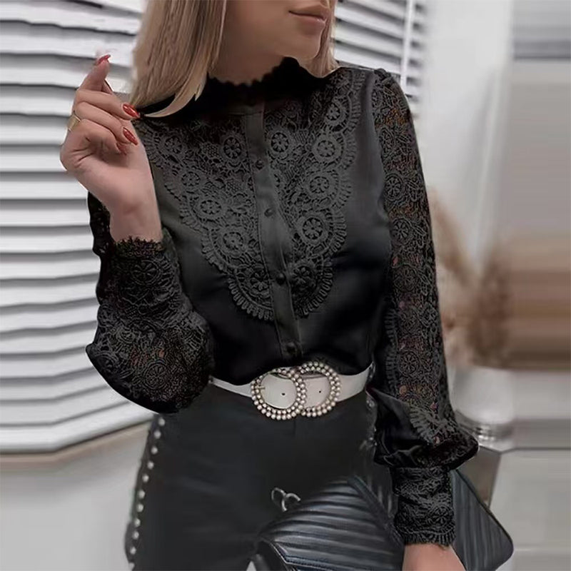 Damen-Bluse mit durchbrochener Spitze und langen Ärmeln