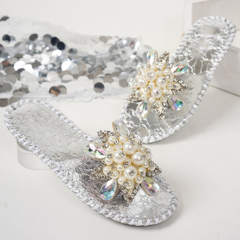 Damen-Pantoletten mit Perlen- und Strass-Verzierung