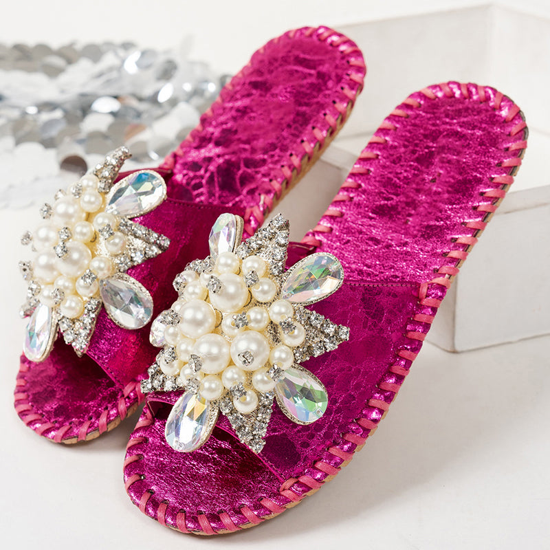 Damen-Pantoletten mit Perlen- und Strass-Verzierung