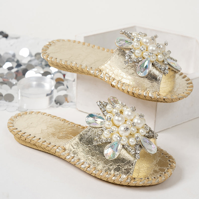 Damen-Pantoletten mit Perlen- und Strass-Verzierung