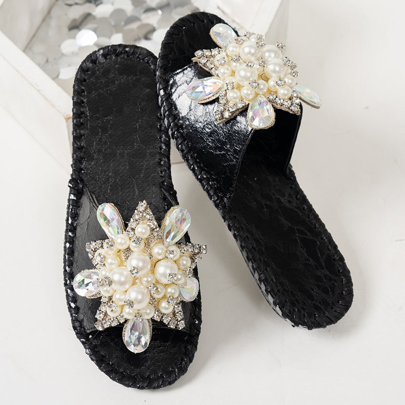 Damen-Pantoletten mit Perlen- und Strass-Verzierung