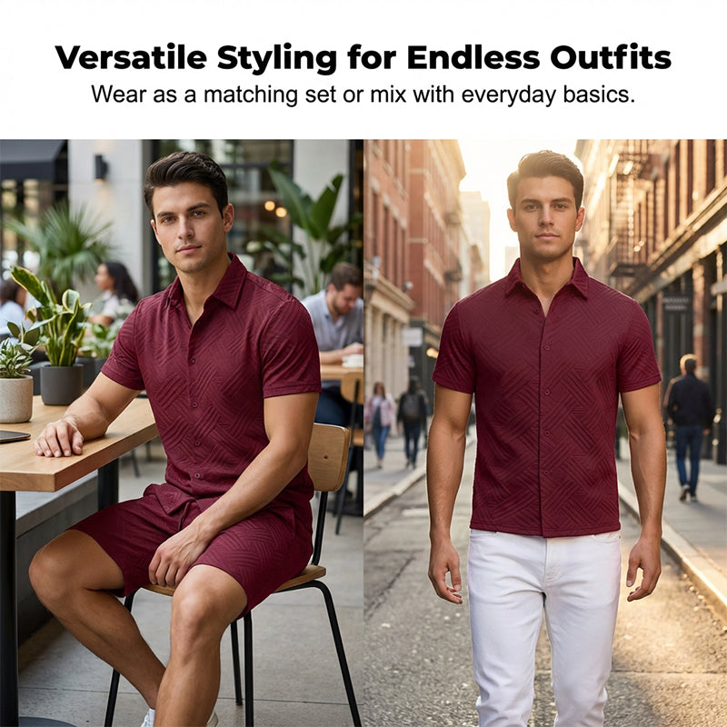 2-teiliges Set aus Jacquard-Hemd mit kurzen Ärmeln und Shorts für Herren
