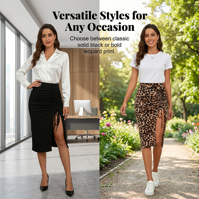 🌞Frühlingserwachen: 50% Rabatt!🌸Figurschmeichelnder High-Waist Rock mit Raffung – Von klassisch Schwarz bis Leo-Chic