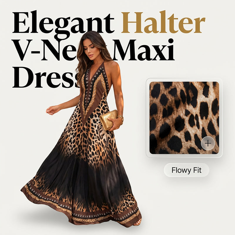 Maxikleid mit Neckholder und V-Ausschnitt im Animal-Print