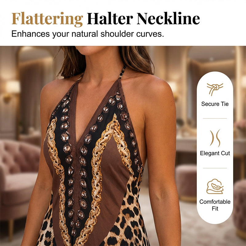 Maxikleid mit Neckholder und V-Ausschnitt im Animal-Print