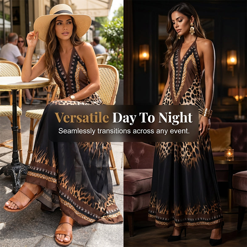Maxikleid mit Neckholder und V-Ausschnitt im Animal-Print