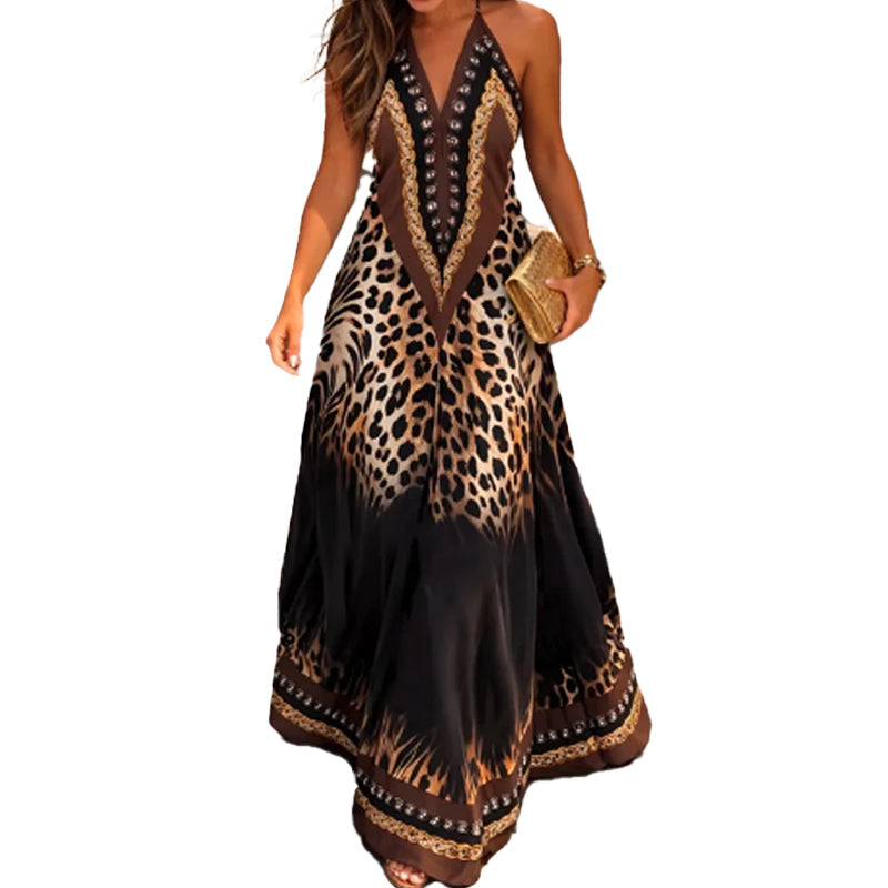 Maxikleid mit Neckholder und V-Ausschnitt im Animal-Print