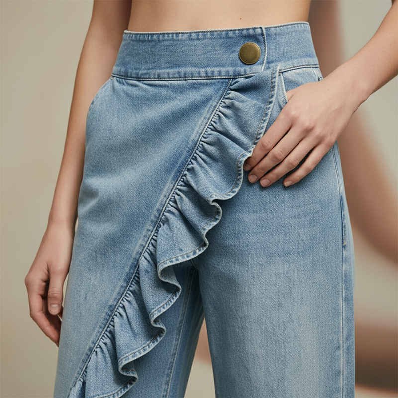 👖 50% RABATT! 🔥Weite Jeanshose mit asymmetrischen Volants—— Premium-Denim – Luxuriöser Look, Bequemer Stretch & Perfekt Für Einen Stilvollen Auftritt 💙
