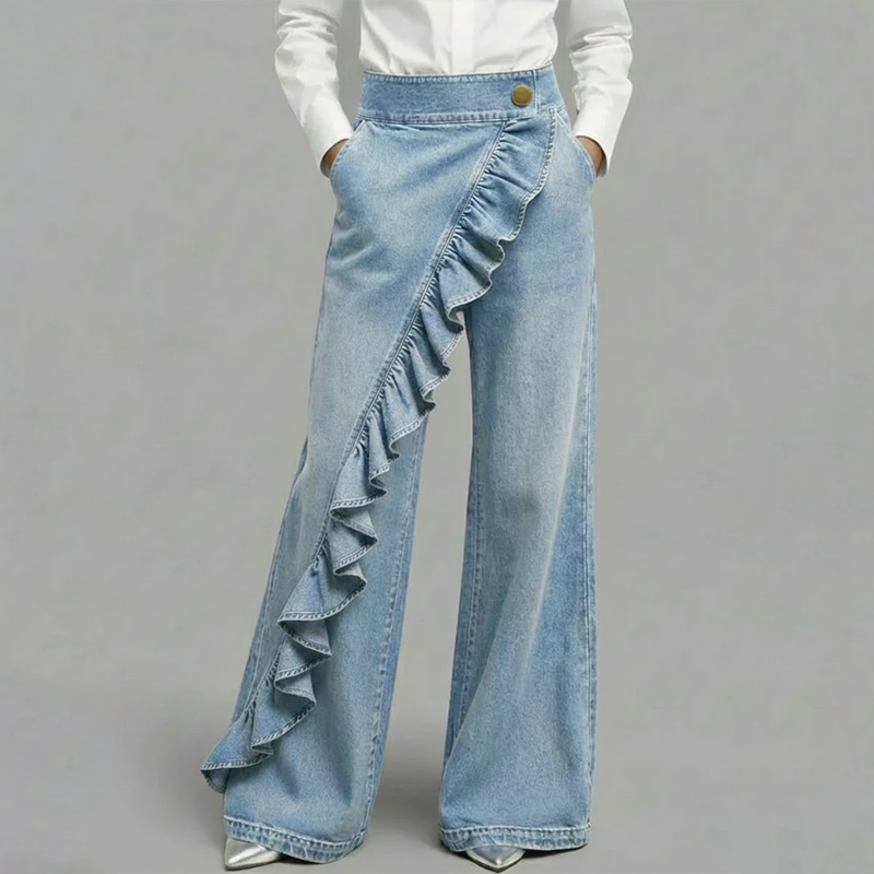 👖 50% RABATT! 🔥Weite Jeanshose mit asymmetrischen Volants—— Premium-Denim – Luxuriöser Look, Bequemer Stretch & Perfekt Für Einen Stilvollen Auftritt 💙