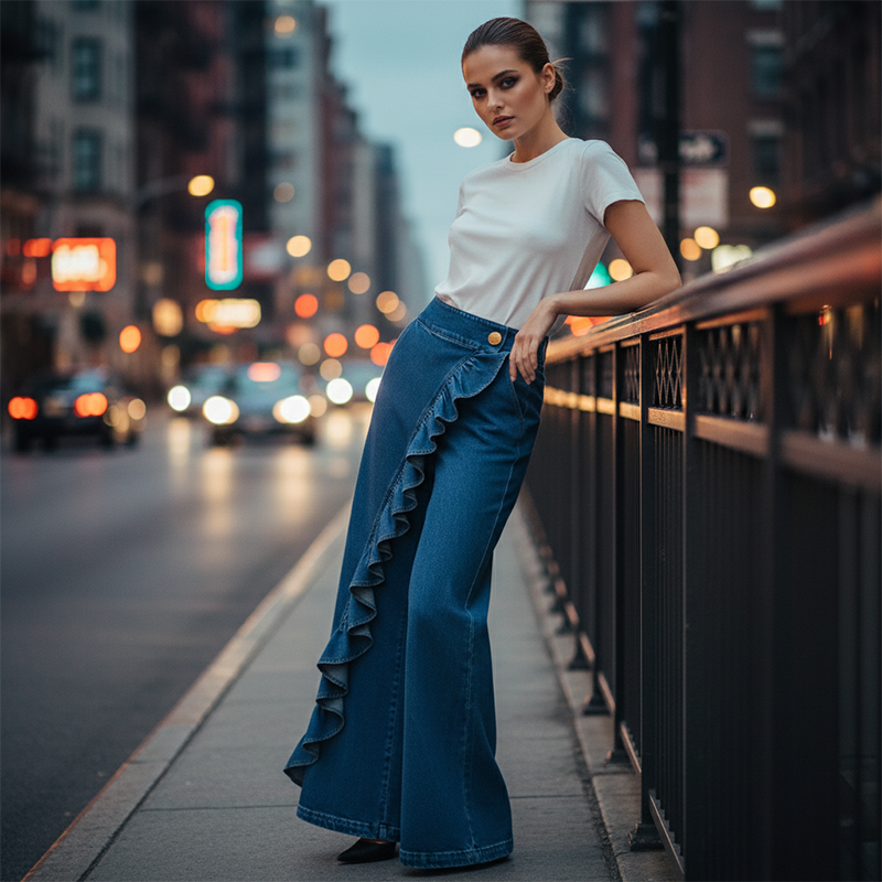 👖 50% RABATT! 🔥Weite Jeanshose mit asymmetrischen Volants—— Premium-Denim – Luxuriöser Look, Bequemer Stretch & Perfekt Für Einen Stilvollen Auftritt 💙