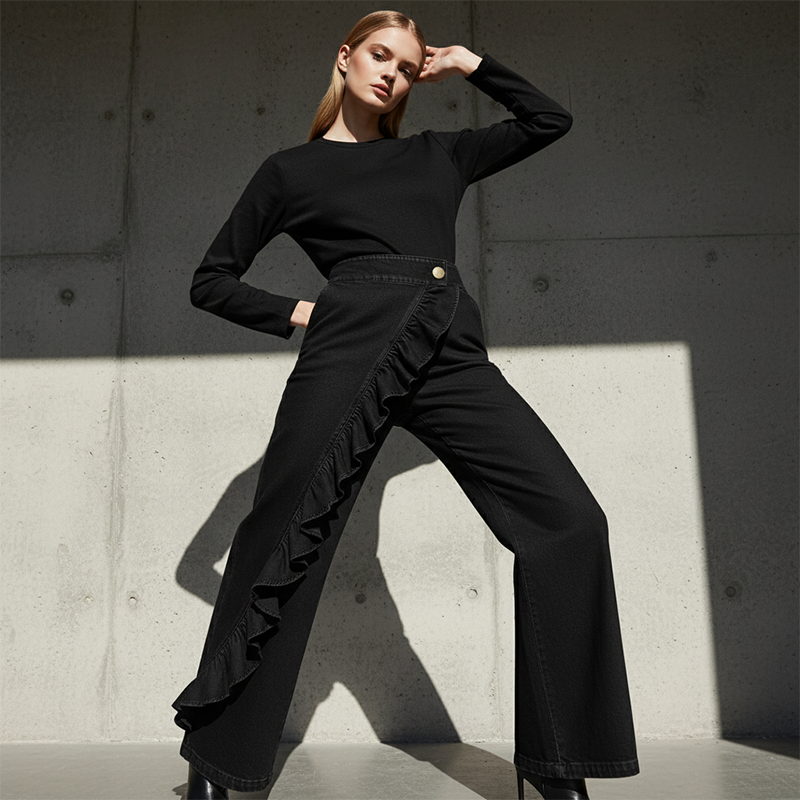 👖 50% RABATT! 🔥Weite Jeanshose mit asymmetrischen Volants—— Premium-Denim – Luxuriöser Look, Bequemer Stretch & Perfekt Für Einen Stilvollen Auftritt 💙