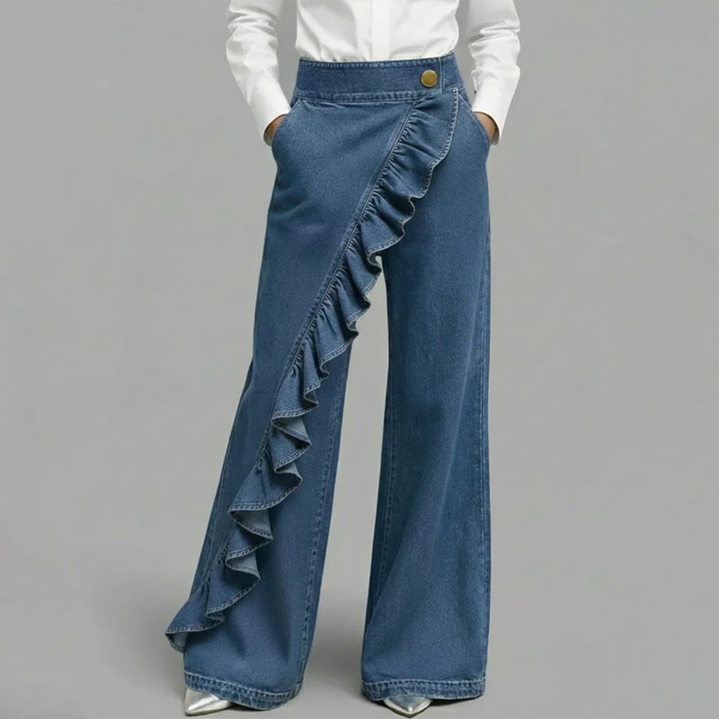 👖 50% RABATT! 🔥Weite Jeanshose mit asymmetrischen Volants—— Premium-Denim – Luxuriöser Look, Bequemer Stretch & Perfekt Für Einen Stilvollen Auftritt 💙