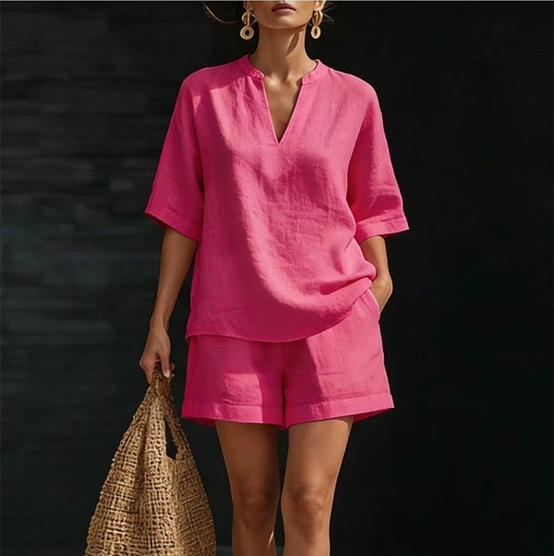 🔥 SOMMER DEAL: -50% 💫 Damen 2-teiliges Set 👚 V-Ausschnitt Top + Shorts – weich, leicht & super komfortabel 🌿
