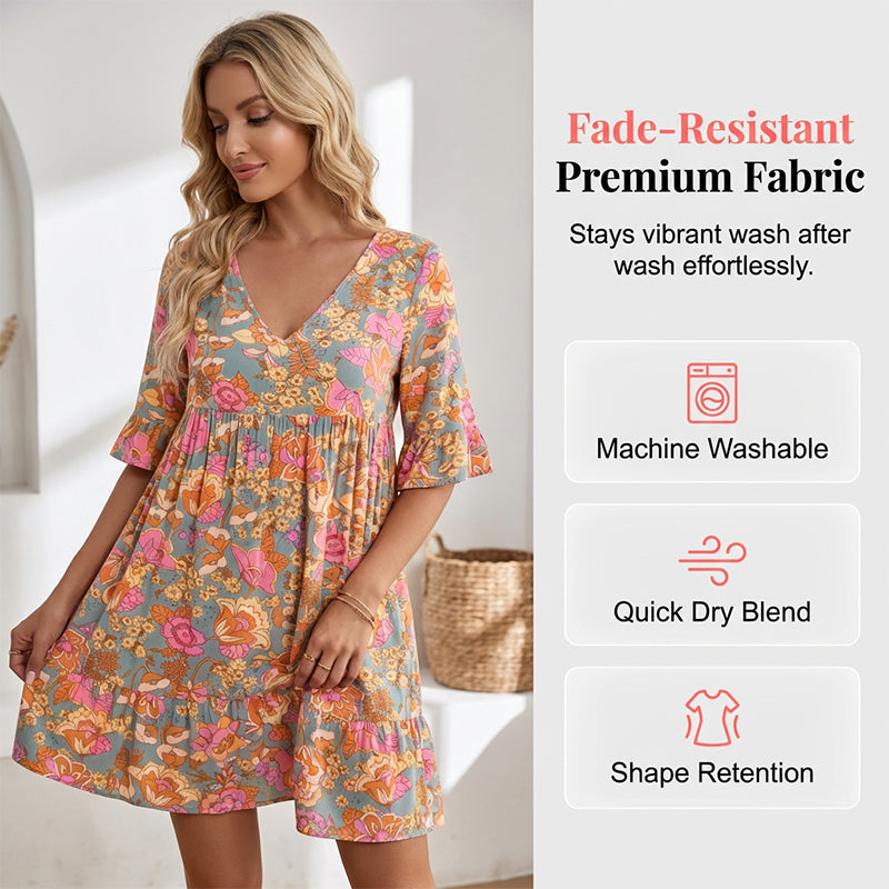 ⌛Zeitlich begrenztes Angebot-Lässiges Damenkleid mit V-Ausschnitt und Blumenmuster