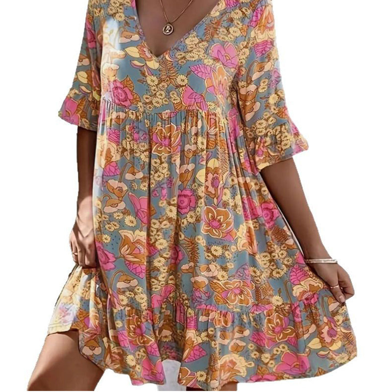 ⌛Zeitlich begrenztes Angebot-Lässiges Damenkleid mit V-Ausschnitt und Blumenmuster