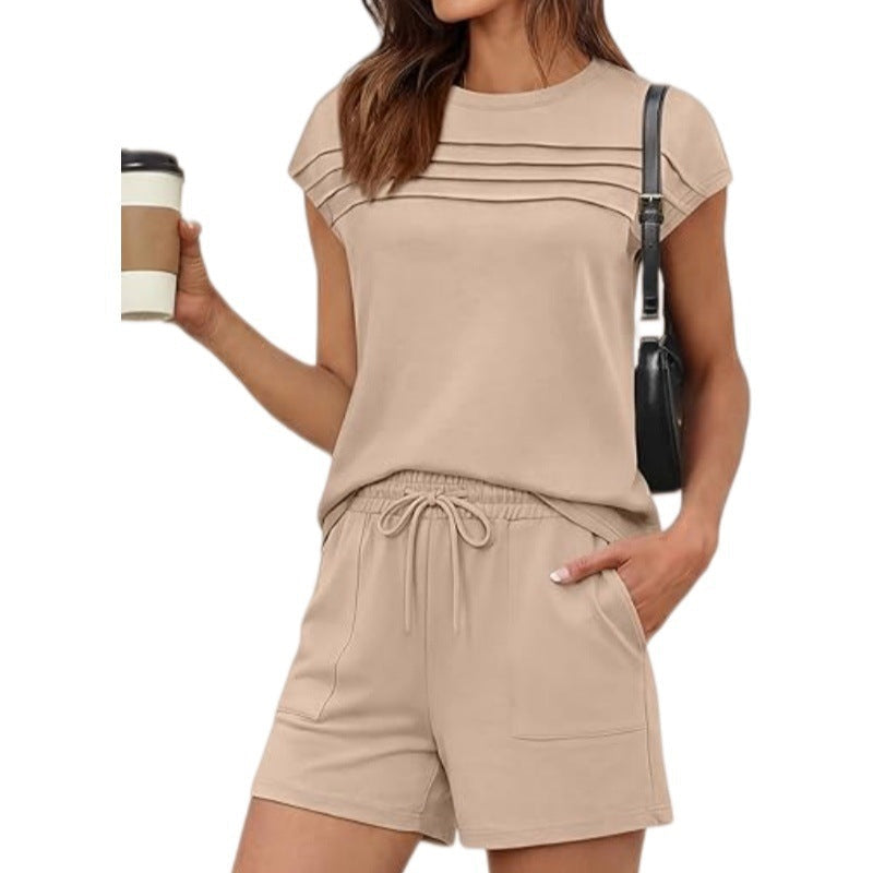 Damen-Pintuck-T-Shirt & Schnürhosen 2-teiliges Set