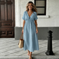 👗 JETZT 50% RABATT! 🌸 Damen Sommer-Kleid mit V-Ausschnitt und Bindeband vorne, Midi-Länge – Empire-Taille, fließende A-Linie & atmungsaktive Baumwollmischung ☀️