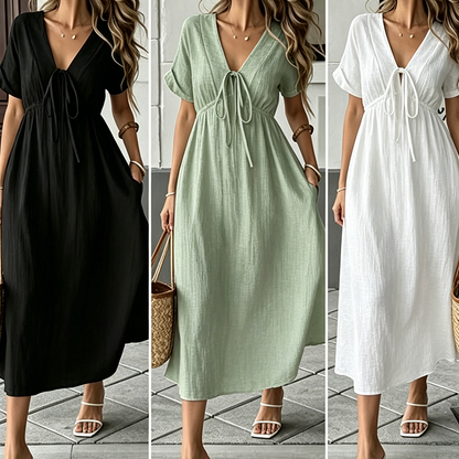 👗 JETZT 50% RABATT! 🌸 Damen Sommer-Kleid mit V-Ausschnitt und Bindeband vorne, Midi-Länge – Empire-Taille, fließende A-Linie & atmungsaktive Baumwollmischung ☀️