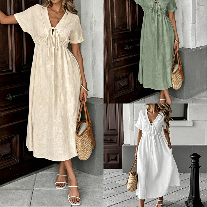 👗 JETZT 50% RABATT! 🌸 Damen Sommer-Kleid mit V-Ausschnitt und Bindeband vorne, Midi-Länge – Empire-Taille, fließende A-Linie & atmungsaktive Baumwollmischung ☀️