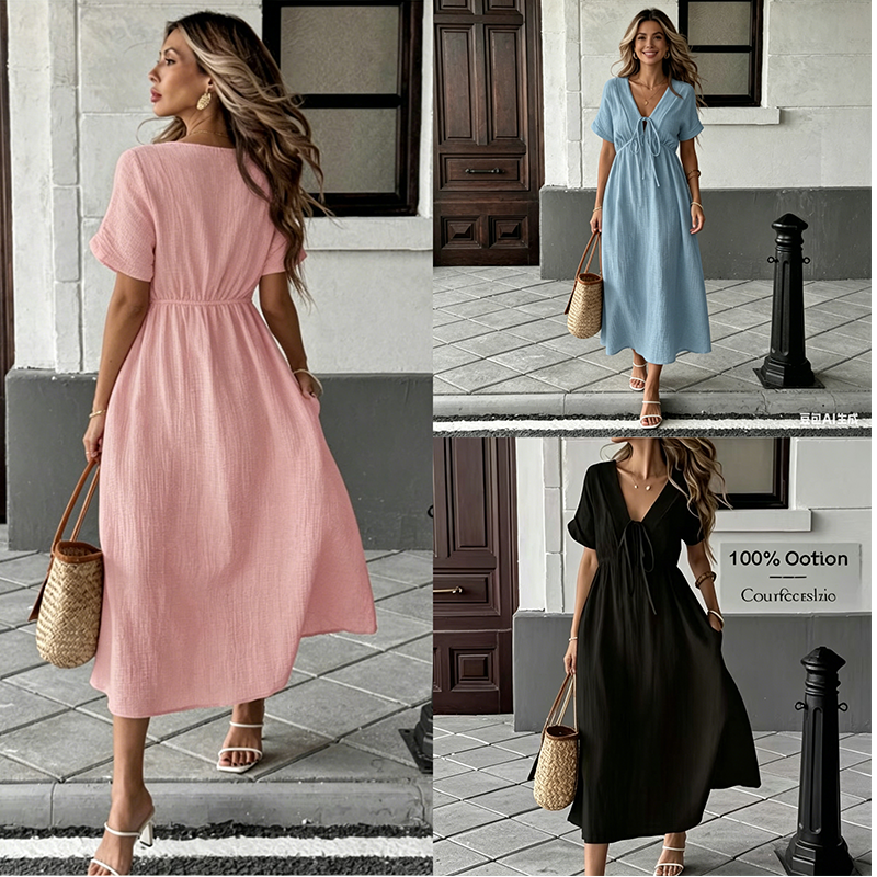 👗 JETZT 50% RABATT! 🌸 Damen Sommer-Kleid mit V-Ausschnitt und Bindeband vorne, Midi-Länge – Empire-Taille, fließende A-Linie & atmungsaktive Baumwollmischung ☀️