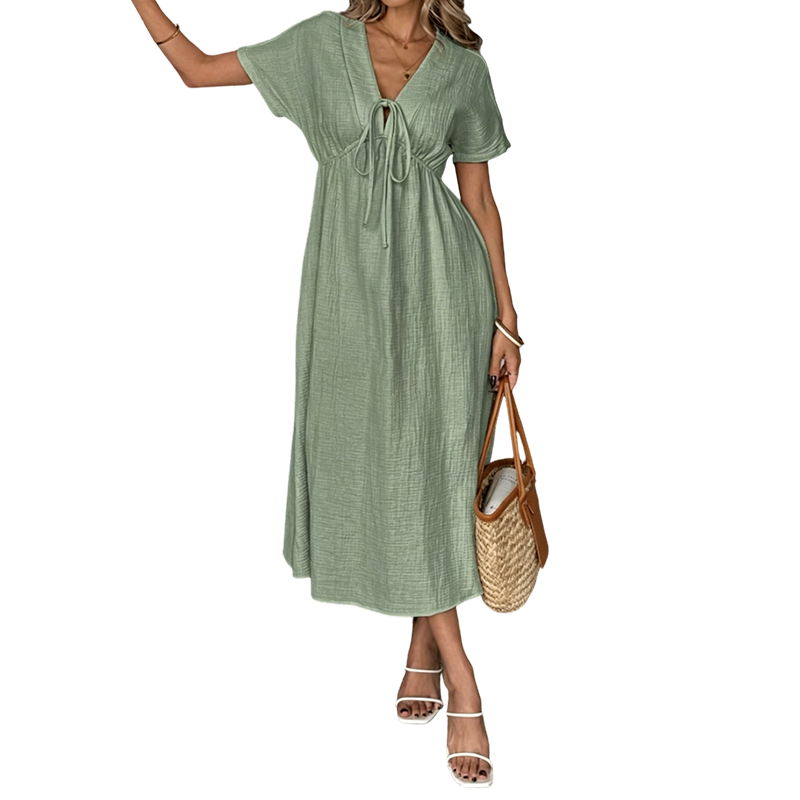 👗 JETZT 50% RABATT! 🌸 Damen Sommer-Kleid mit V-Ausschnitt und Bindeband vorne, Midi-Länge – Empire-Taille, fließende A-Linie & atmungsaktive Baumwollmischung ☀️