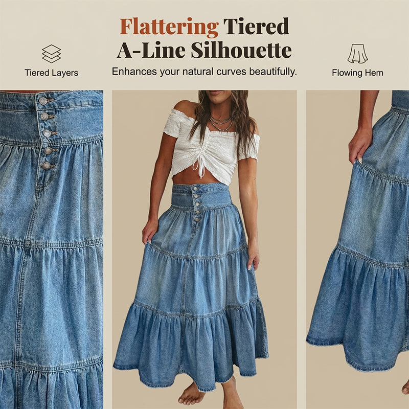 💙 50% RABATT! 👗 Damen Hochbund Stufenrock A-Linie Denim Maxirock – Figurumschmeichelnd, müheloser Chic & perfekt für jeden Tag