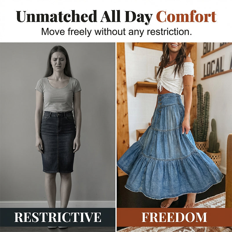💙 50% RABATT! 👗 Damen Hochbund Stufenrock A-Linie Denim Maxirock – Figurumschmeichelnd, müheloser Chic & perfekt für jeden Tag