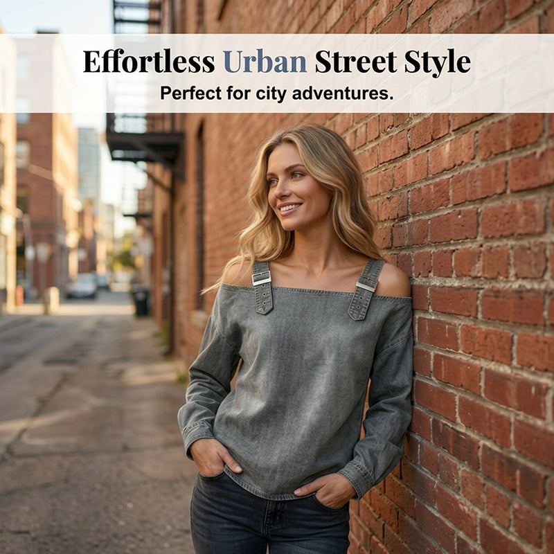 👕✨ 50% RABATT! Damen Denim-Top mit breiten Trägern & Off-Shoulder-Ausschnitt – Lässig, sommerlich & perfekt für heiße Tage ☀️