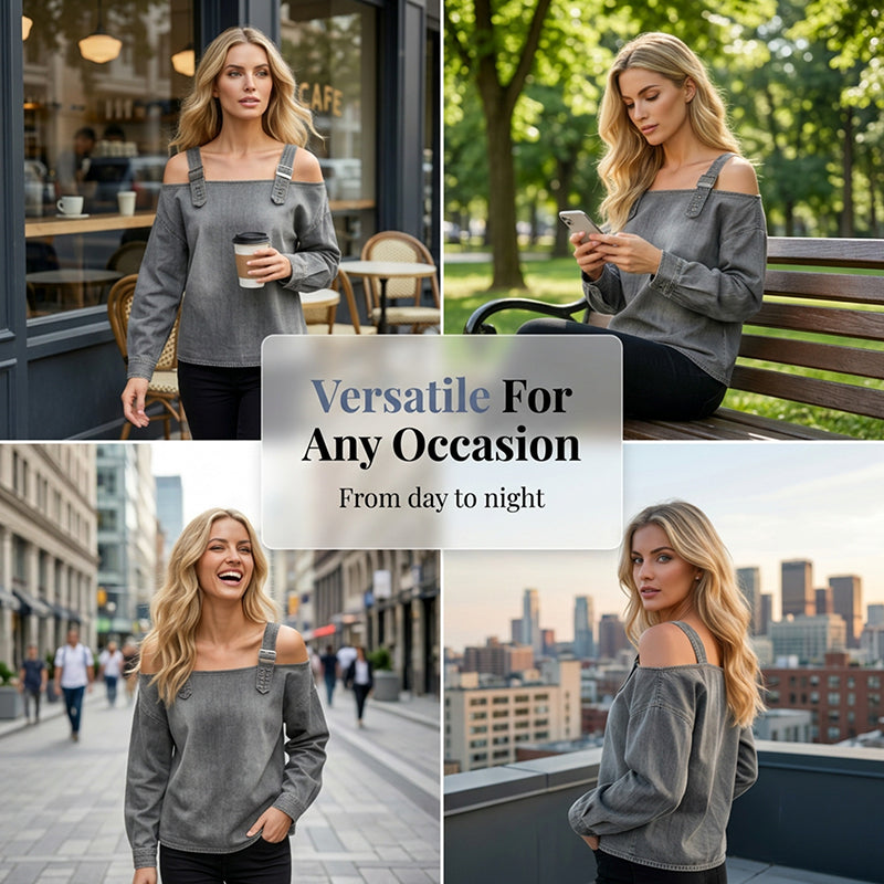👕✨ 50% RABATT! Damen Denim-Top mit breiten Trägern & Off-Shoulder-Ausschnitt – Lässig, sommerlich & perfekt für heiße Tage ☀️