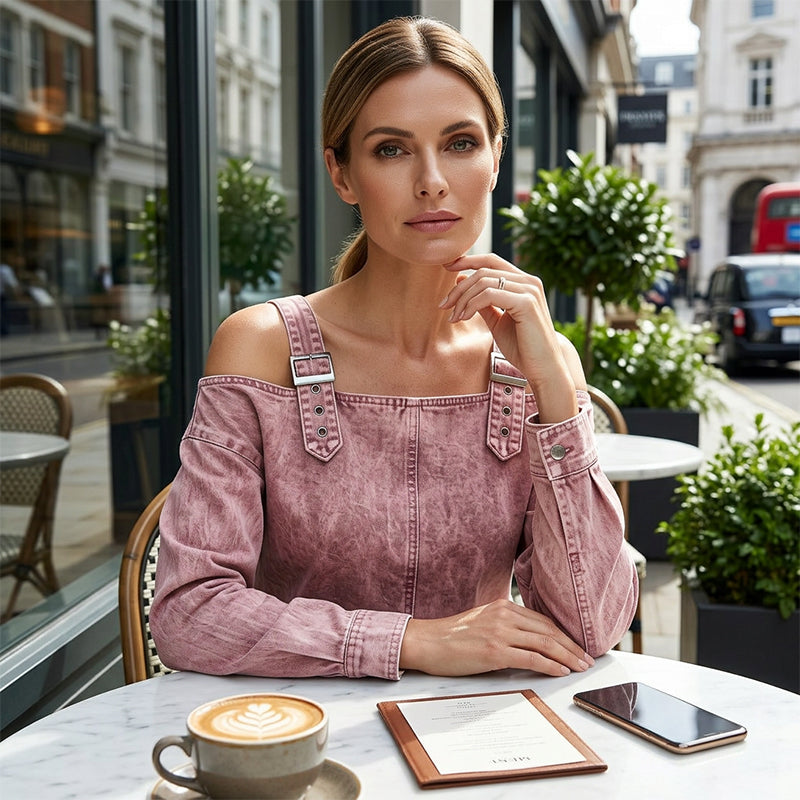 👕✨ 50% RABATT! Damen Denim-Top mit breiten Trägern & Off-Shoulder-Ausschnitt – Lässig, sommerlich & perfekt für heiße Tage ☀️