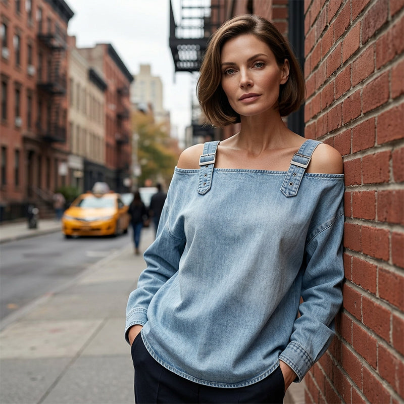 👕✨ 50% RABATT! Damen Denim-Top mit breiten Trägern & Off-Shoulder-Ausschnitt – Lässig, sommerlich & perfekt für heiße Tage ☀️