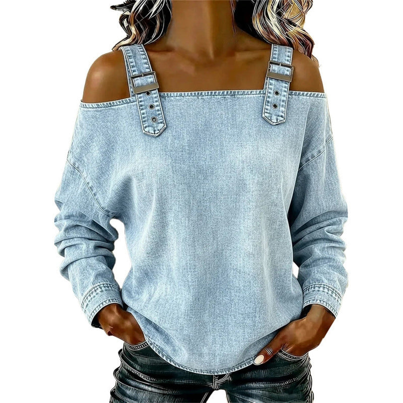 👕✨ 50% RABATT! Damen Denim-Top mit breiten Trägern & Off-Shoulder-Ausschnitt – Lässig, sommerlich & perfekt für heiße Tage ☀️