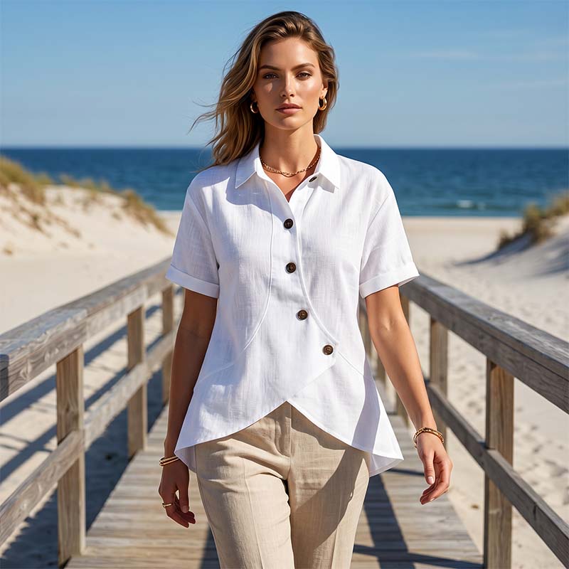 Asymmetrisches Kurzarmhemd mit Knöpfen für Damen