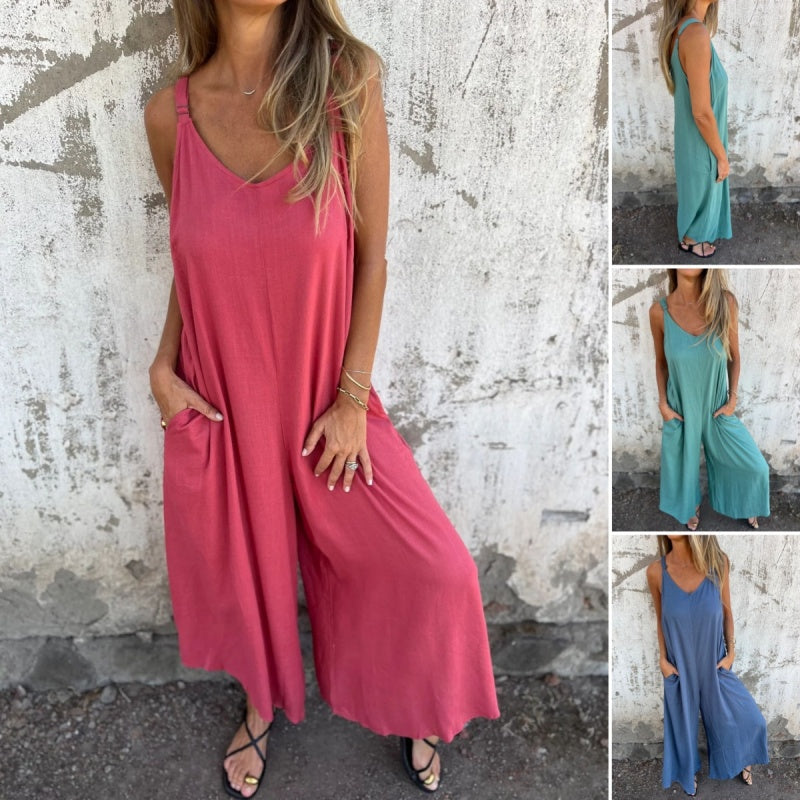 💚 50% RABATT! Lässiger Damen-Jumpsuit aus Baumwoll-Leinen-Mix – Mit Taschen & verstellbaren Trägern, der perfekte Sommer-Begleiter ☀️