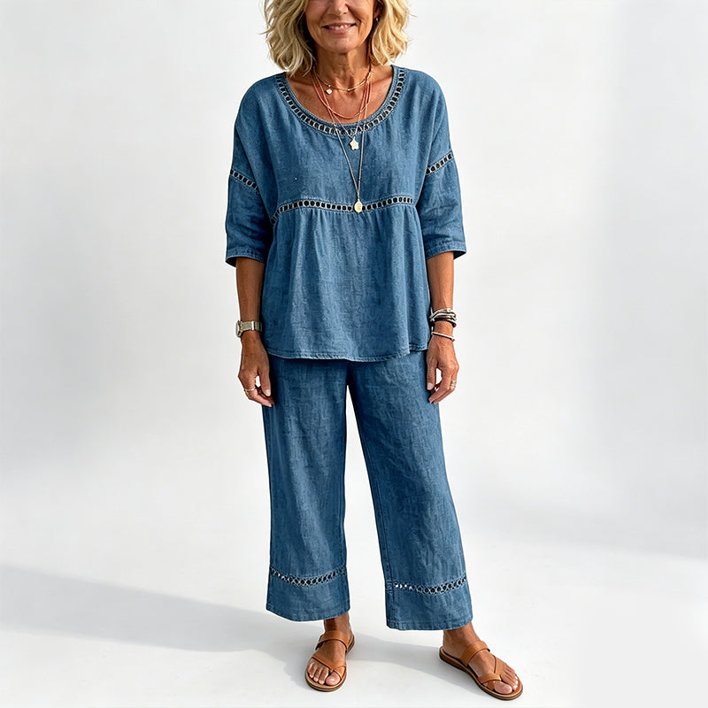 🔥Neuheiten: 50 % Rabatt!!🔥Lässiges 2-teiliges Set für Damen mit Lochstickerei-Details