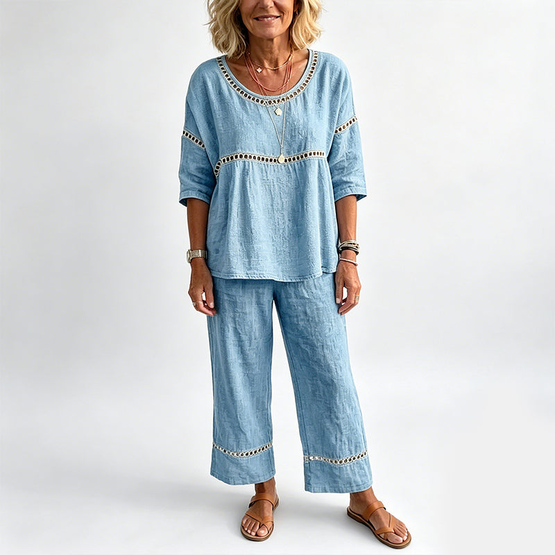 🔥Neuheiten: 50 % Rabatt!!🔥Lässiges 2-teiliges Set für Damen mit Lochstickerei-Details