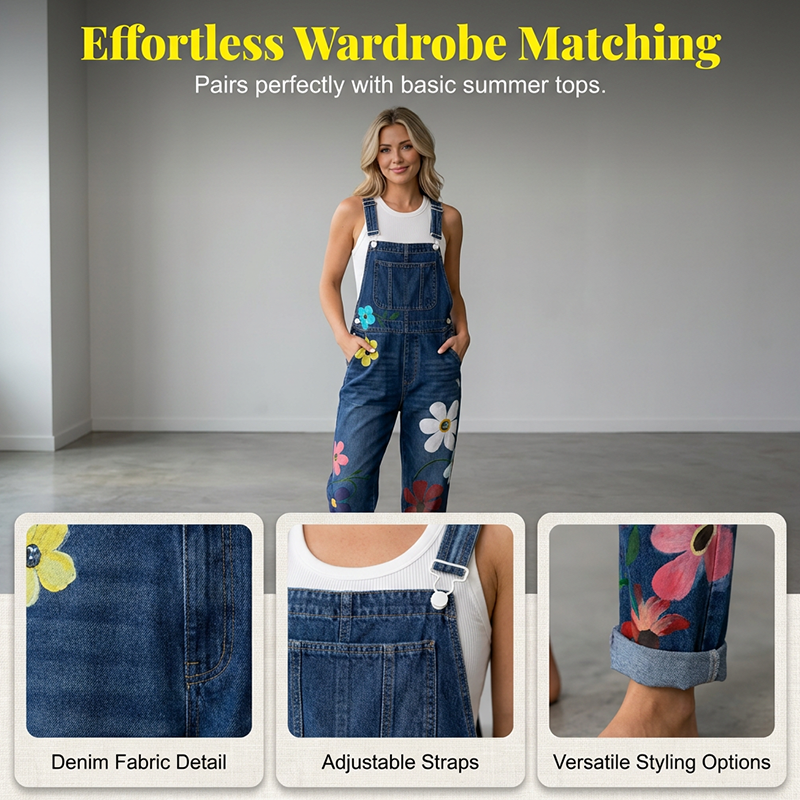 Jeans-Latzhose für Damen mit Blumenmuster
